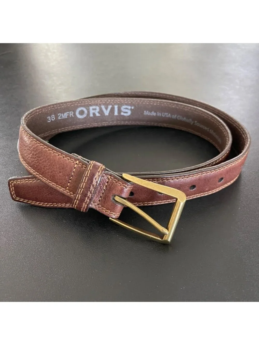 Orvis Mens Brown Leather Belt Size 38 Brass Buckle Made in USA Casual Classic